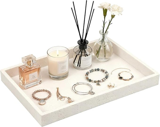 Artificial Travertine Tray, 12"x8" Perfume Tray for Bathroom Counter, Vanity, Home Organizer, Decorative Marble Trays for Perfume, Jewelry, Candles, Coffee, Rectangle, White