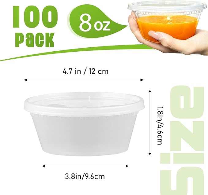 Slomg 100 Pack 8oz Plastic Deli Containers with Lids, Disposable Food Storage Containers for Soup Meal Prep Leftover, To Go Takeout Quart Bowls for Restaurant Kitchen Microwave Dishwasher Freezer Safe