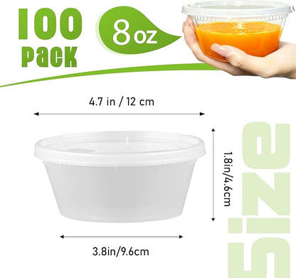 Slomg 100 Pack 8oz Plastic Deli Containers with Lids, Disposable Food Storage Containers for Soup Meal Prep Leftover, To Go Takeout Quart Bowls for Restaurant Kitchen Microwave Dishwasher Freezer Safe