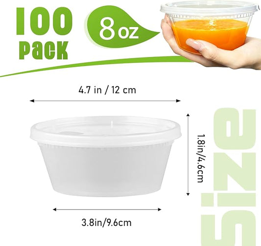 Slomg 100 Pack 8oz Plastic Deli Containers with Lids, Disposable Food Storage Containers for Soup Meal Prep Leftover, To Go Takeout Quart Bowls for Restaurant Kitchen Microwave Dishwasher Freezer Safe