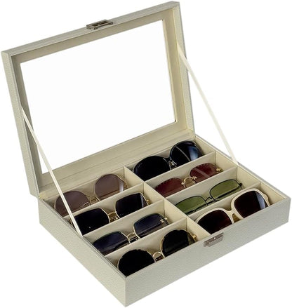 UnionPlus 8-Slots Sunglasses Case Organizer, Eyeglass Glasses Display Holder Collector, Multiple Sunglasses Storage Case, Lychee Beige