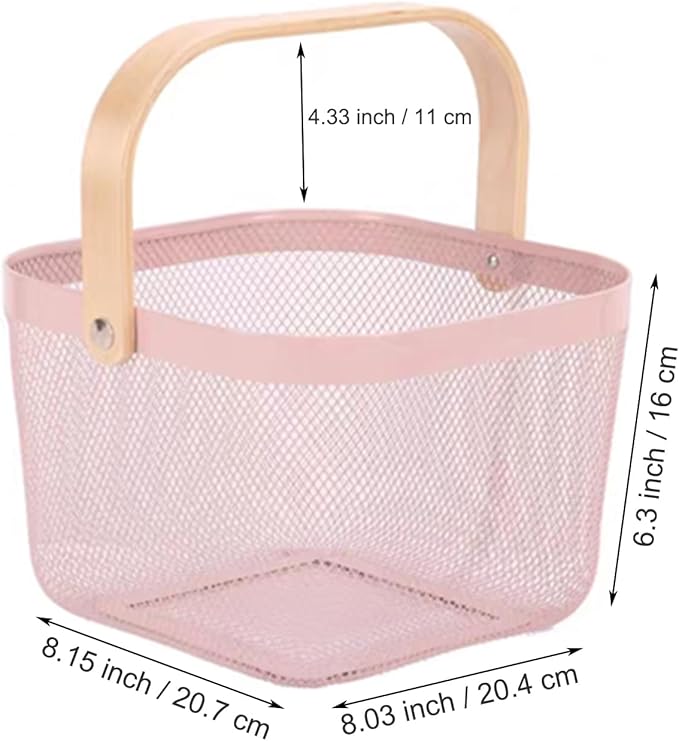 Metal Mesh Wire Basket, Small Steel Basket with Wooden Handle Storage Organizer Basket Multi-functional Hanging Kitchen Baskets Fruit Baskets for Kitchen Bathroom Cabinet Pantry Snacks, Pink