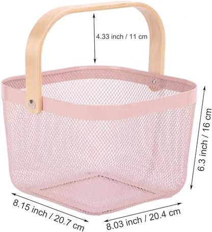 Metal Mesh Wire Basket, Small Steel Basket with Wooden Handle Storage Organizer Basket Multi-functional Hanging Kitchen Baskets Fruit Baskets for Kitchen Bathroom Cabinet Pantry Snacks, Pink