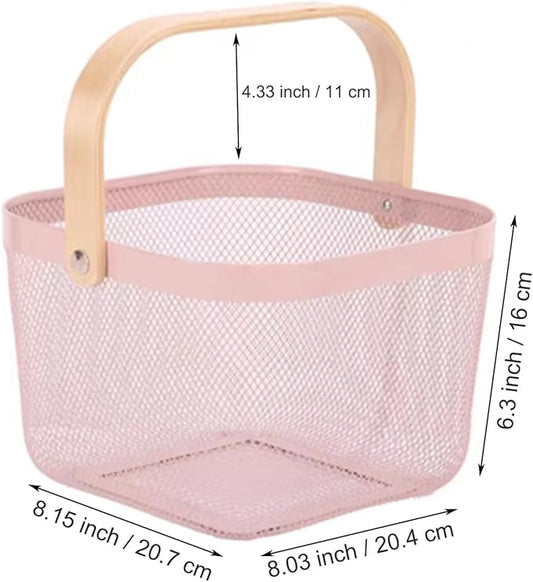 Metal Mesh Wire Basket, Small Steel Basket with Wooden Handle Storage Organizer Basket Multi-functional Hanging Kitchen Baskets Fruit Baskets for Kitchen Bathroom Cabinet Pantry Snacks, Pink