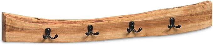 Alpine Natural Live Edge Wood 36-Inch Coat Rack – Wall-Mounted with 4 Durable Black Metal Hooks and Clear Finish for Entryway, Hallway, or Mudroom by Alaterre Furniture