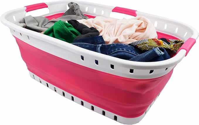 SAMMART 30L (8 gallon) Collapsible 3 Handled Plastic Laundry Basket - Foldable Pop Up Storage Container/Organizer - Portable Washing Tub - Space Saving Hamper/Basket (White/Rose Pink)