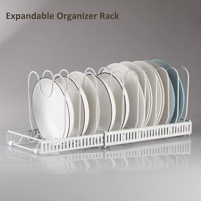 WUETOAYA Expandable Pots and Pans Organizer Rack, Pot Lid Kitchen Cabinet Organizer Holder with 10 Adjustable Compartment, Cookware Rack for Kitchen Cabinet Storage, White