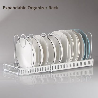 WUETOAYA Expandable Pots and Pans Organizer Rack, Pot Lid Kitchen Cabinet Organizer Holder with 10 Adjustable Compartment, Cookware Rack for Kitchen Cabinet Storage, White
