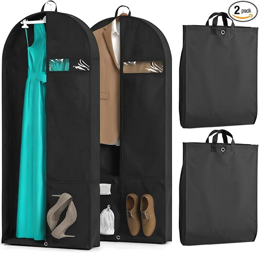 2 Pack Heavy Duty Garment Bags for Travel Suit Bags, Dress Bags, Garment Bags for Hanging Clothes with Pockets Men's Suit Holder for Cospaly, Shirts, Coats, Dresses (Black, 2Pack 54")