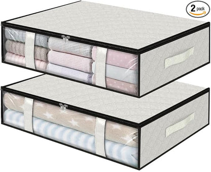 StorageRight Under Bed Storage Bins, 2-Pack 40L Foldable Fabric Storage Bags with Transparent Window, Breathable Organizer for Clothes/Blanket/Comforter/Quilt, White