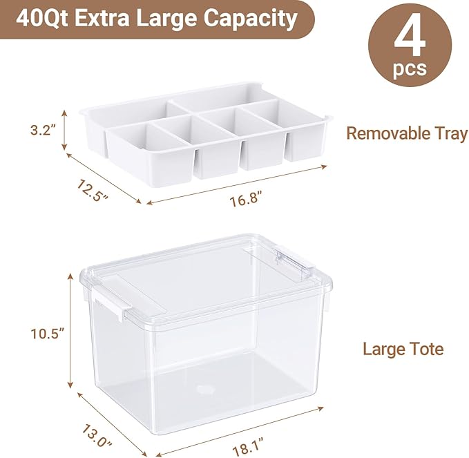 HOMETUK 160Qt Plastic Storage Bins with Lids, Clear Latching Organizers Boxes with Removable Trays, Large Portable Storage Containers, for Holiday Ornaments, Home Organization, 4Pack
