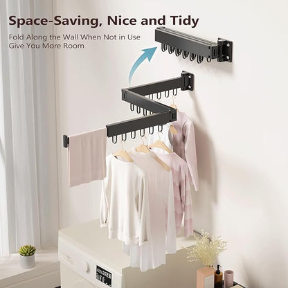 JAUREE Clothes Drying Rack Wall Mounted, Space-Saving Drying Rack Clothing, Collapsible Foldable Retractable Laundry Rack with 18 Hooks, Indoor/Outdoor, Black