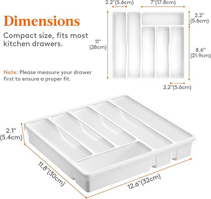 Lifewit Silverware Organizer with Lid, Covered Utensil Tray for Kitchen Drawer and Countertop, Plastic Cutlery and Flatware Storage Box for Spoons Forks Knives Holder Case, 6 Compartments, White