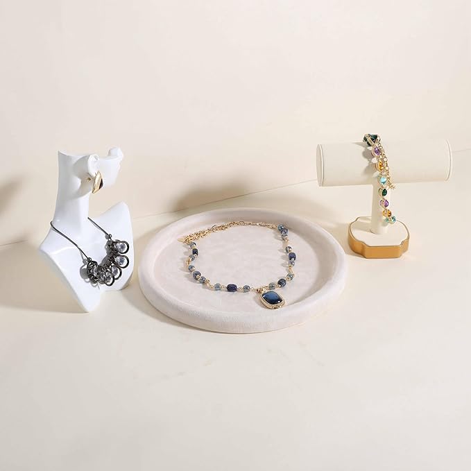 GemeShou Round Jewelry Organizer Plate, Top Microfiber Velvet Jewelry Display Tray, Empty Jewelry Showcase Tray for Necklaces, Bracelets, Rings, Earrings (Cream-Large, 9.8 x 9.8 in)