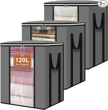 punemi 120L Blanket Storage Bags, Foldable Clothes Storage Organizer with Zipper, Reinforced Handle & Clear windows, Large Storage Bags for Blanket, Comforter, Bedding, Pillow, Clothes, 3Pack, Gray