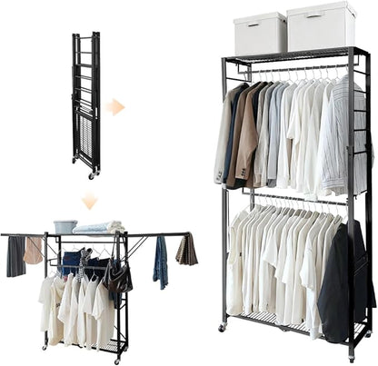 lumizone Folding Clothing Rack with Wheels Expandable Wardrobe Portable Clothes Rack for Hanging Clothes Adjustable Closet Shelves Garment Rack Durable Closet Racks for Hanging Clothes (Pro Black)