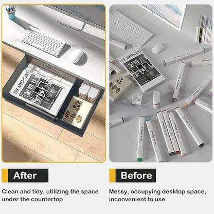 Under Desk Drawer Storage with 3 Drawers, Large Desk Drawer Attachment for office, Drawer Organizer Slide Out, Plastic Stick on Drawer White