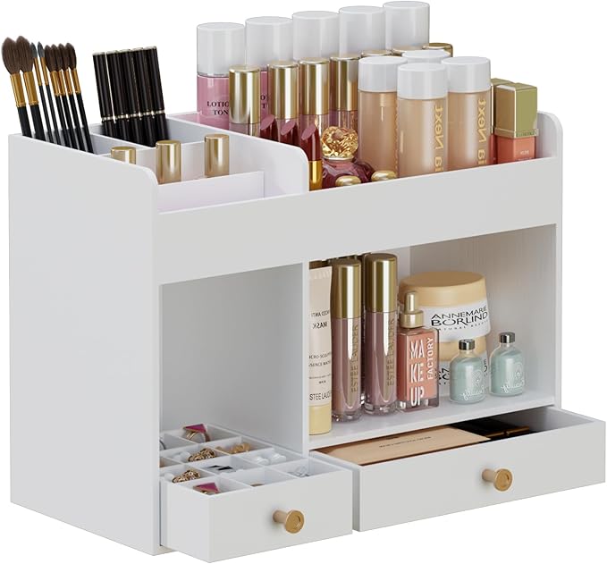 LONTAI Bamboo Makeup Organizer with Drawers, Cosmetic Storage for Lipstick Organizer Beauty Holder Skincare Organizer for Dresser Vanity Bathroom Countertop, No Assembly Required (White)