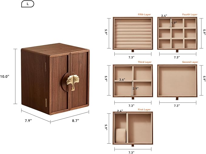 CHOSIN Black Walnut Wooden Jewelry Box 5 Layer Large Wood Jewelry Organizer Brass Handle for Necklaces Rings Earrings Watches Storage Valentines Day Gifts for Her(7.9x8.7x10.0inches)