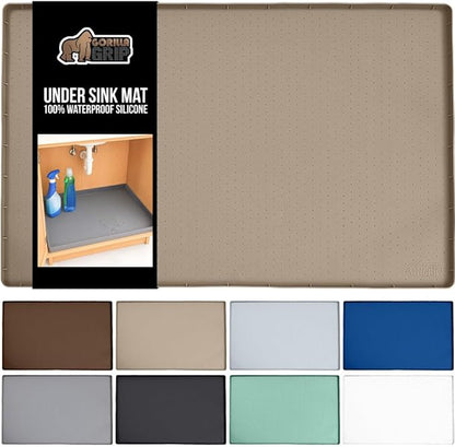 GORILLA GRIP Waterproof Silicone Under Sink Mat with Raised Lip for Kitchen and Bathroom, 31 x 22 in, Cabinet Shelf Liner Stay in Place Mats Dishwasher Safe Drawer Liner, Organizer Tray, Beige