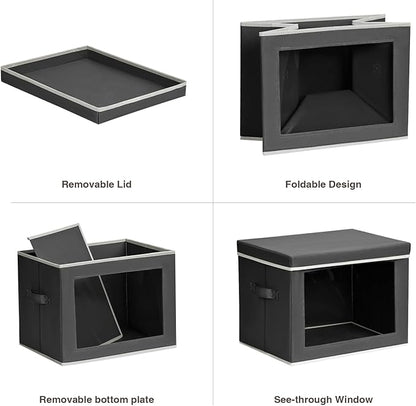 Stackable Storage Bins with Lids - Large Storage Box with Lids, Foldable Closet Boxes for Organizing, Wardrobe Clothes Organizer with Window, Cubes Bins for Living Room, 6 Pack, Dark Grey