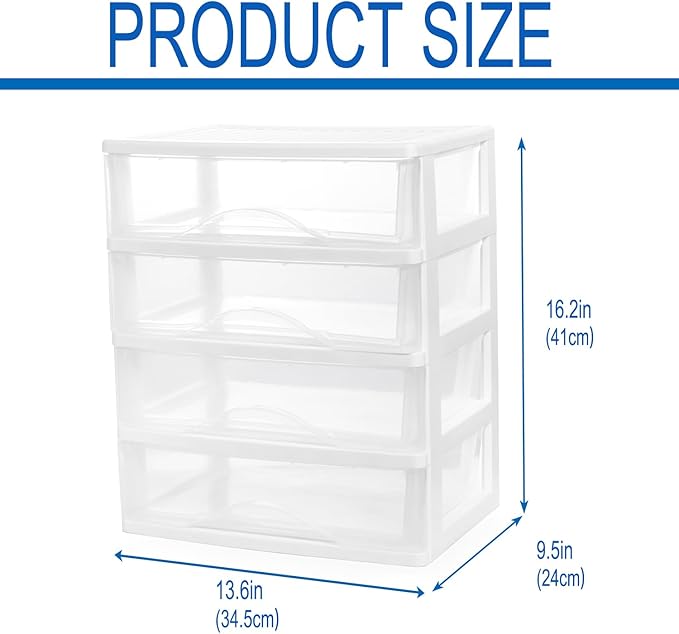BYCY Plastic Stackable Storage 4 Drawers, White Bathroom Makeup Organizer with Wide Clear Drawers Tabletop Drawer Organizer for Desk,Easily Assemble for Fridge,Bathroom,Cabinet