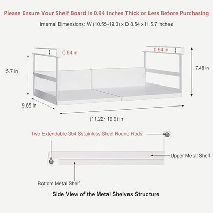 Expandable Under Cabinet Shelf Organizer with 0.94 Inches Thick Clips, Heavy Duty Extendable Under Shelf Storage Basket for Pantry or Laundry Room, White, 1 Pack, Interior: 5.7" H x 8.54" D
