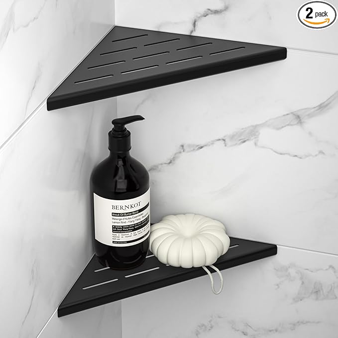 Bernkot 8'' Corner Shower Shelf 2PCS, 304 Stainless Steel Bathroom Shelves for Tiled Wall, Grout in Shelf Rack (8'', Black)