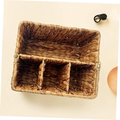 Luxshiny Woven Straw Basket Desktop Organizer Silverware Organizer for Storage Tabletop Multipurpose Kitchen Holder