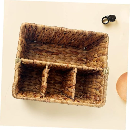 Luxshiny Woven Straw Basket Desktop Organizer Silverware Organizer for Storage Tabletop Multipurpose Kitchen Holder