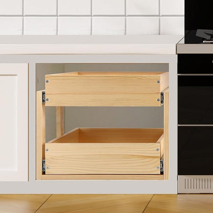 Pull Out Cabinet Organizer, 17''W×21''D×16''H Soft Close Slide Out Wood Drawer Shelves Storage for Kitchen, 2-Tier, Finished, Heavy-Duty, Bottom Assembly