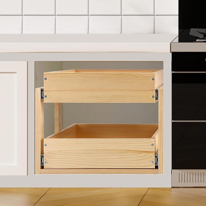 Pull Out Cabinet Organizer, 14''W×21''D×16''H Soft Close Slide Out Wood Drawer Shelves Storage for Kitchen, 2-Tier, Finished, Heavy-Duty, Bottom Assembly