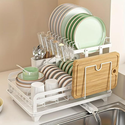 HOISIMDY 2 Tier Dish Drying Rack Automatic Drainage Board Space-Saving for Kitchen Counter with Cups Holder