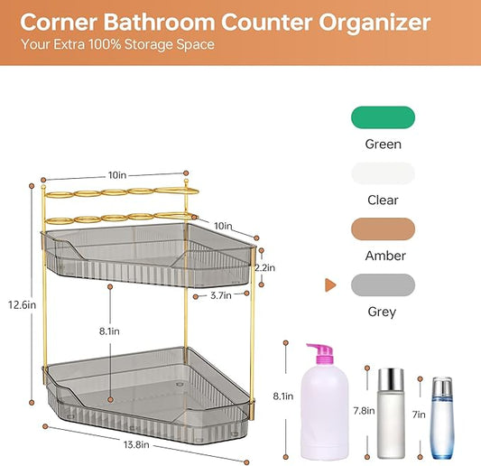 ZZWILLB Corner Bathroom Counter Organizer with Makeup Brush Holder & Toothbrush Holders, Makeup Organizer for Vanity Countertop, Acrylic Skincare Storage Shelf (Grey, 2-Tier)