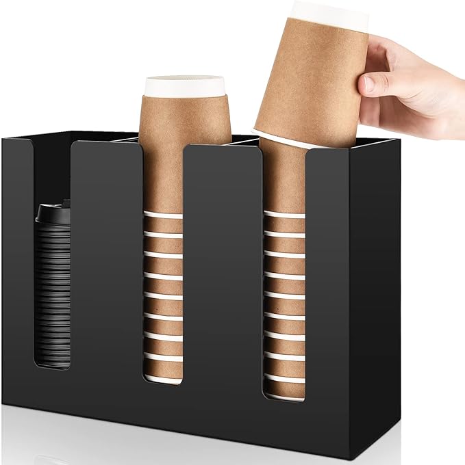 Cunhill 3 Compartments Acrylic Coffee Cup and Lid Dispenser Organizer Disposable Paper Cup Holder Coffee Shop Supplies Holder Storage for Station Home Countertop Bar Kitchen Party(Black)