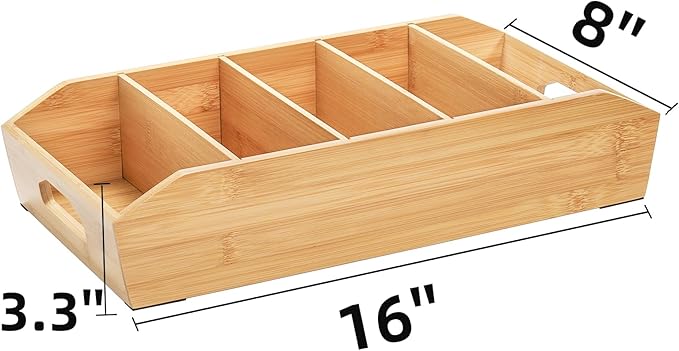 2 Pack Bamboo Pantry Organizers, Storage Bin with Removable Dividers, Divided Snack Oragnizer with Handle, Stackable Cabinet Basket, Drawer Caddy for Kitchen Office Packets Sauce Pouches
