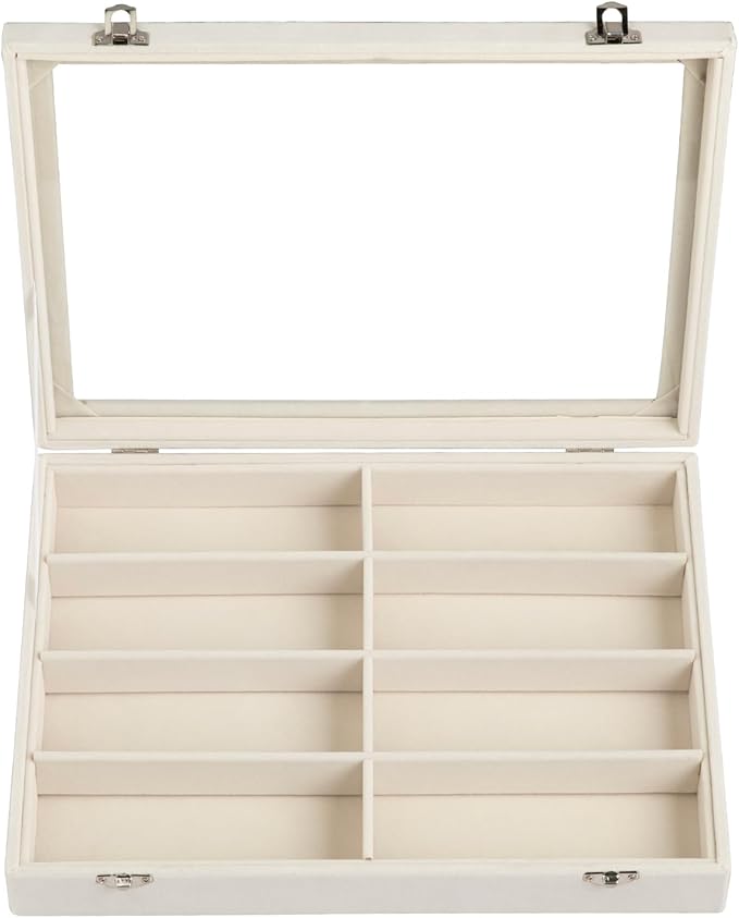 Frebeauty Sunglass Organizer,Velvet Glasses Organizer,8-Slot Sunglasses Tray with Clear Lid,Men's/Women's Sunglasses Box,Sunglass Case,13.3 x 9.6 x 2.2 Inches,Eyeglass/Eyewear Display Tray(Beige)