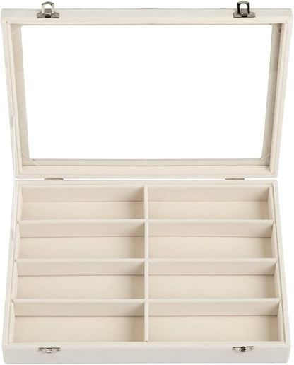 Frebeauty Sunglass Organizer,Velvet Glasses Organizer,8-Slot Sunglasses Tray with Clear Lid,Men's/Women's Sunglasses Box,Sunglass Case,13.3 x 9.6 x 2.2 Inches,Eyeglass/Eyewear Display Tray(Beige)