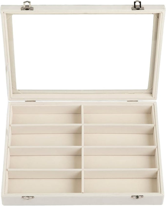 Frebeauty Sunglass Organizer,Velvet Glasses Organizer,8-Slot Sunglasses Tray with Clear Lid,Men's/Women's Sunglasses Box,Sunglass Case,13.3 x 9.6 x 2.2 Inches,Eyeglass/Eyewear Display Tray(Beige)