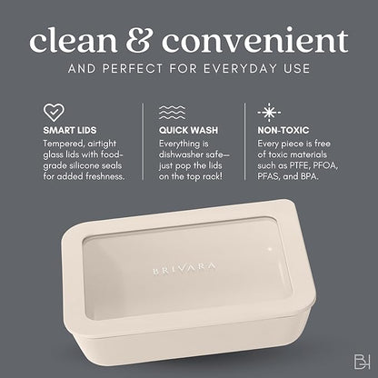 Ceramic Coated Glass Food Storage Container | No PTFE, PFOA, PFAS, and BPA | Reusable Non Toxic Meal Prep Container with Glass Lid | Easy To Store | 2.5 Cup Square [Crema]