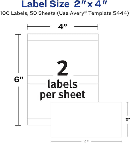Avery Printable All-Purpose Removable Labels, 2" x 4" White, Write or Print, Great for Organization Projects, 100 Customizable Blank Labels (5444)