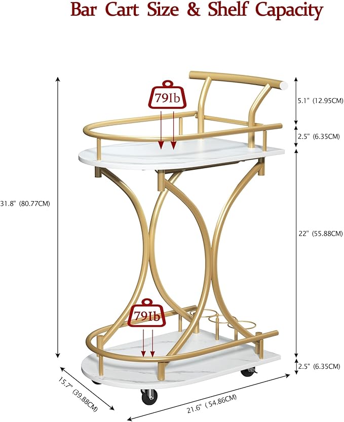 Bar Cart with Wheels Handle Rolling Home Bar Serving Carts 2 Tier Curved Anti-Collision Storage Small Trolley with Wine Rack and Glass Holder for Kitchen Dining Room Living Room Gold