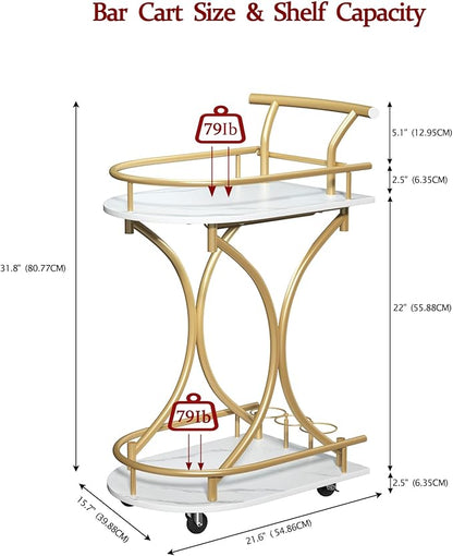 Bar Cart with Wheels Handle Rolling Home Bar Serving Carts 2 Tier Curved Anti-Collision Storage Small Trolley with Wine Rack and Glass Holder for Kitchen Dining Room Living Room Gold
