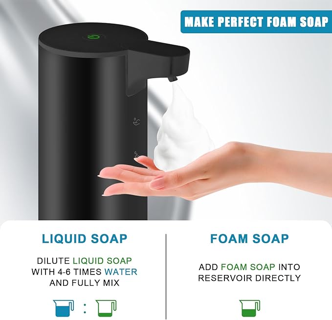 Mamiddle Automatic Soap Dispenser Stainless Steel with Sensor Infrared Soap Dispenser Electric IPX5 Waterproof USB-C Charging Motion Sensor for Kitchen & Bathroom (Black Foam)