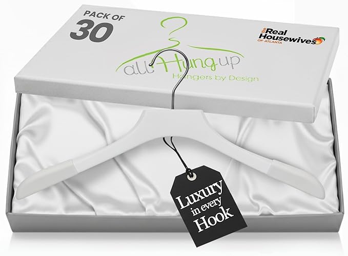 All Hung Up Hangers - Premium Luxe Wooden Hangers for Women, Wide Shoulder Design for Dresses, Skirts, Sweaters & Blouses, Heavy Duty with Velvet Grip, White with White Velvet, 30 pcs