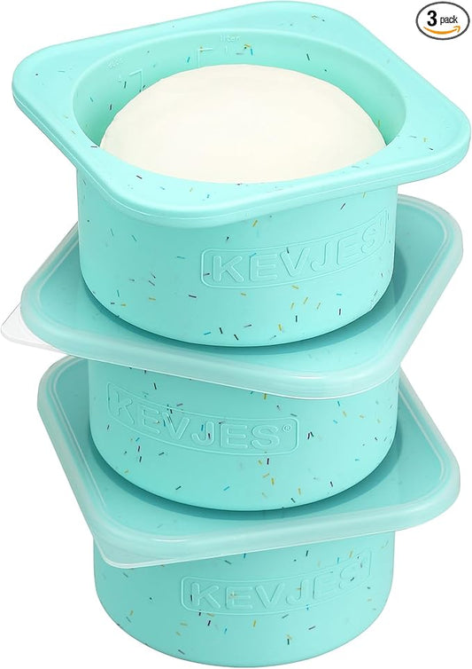 KEVJES PLUS 1000ml Pizza Dough Proofing Containers for DIY family Artisan Pizza, Food Grade Silicone Stackable Boxes with Lids, Freezer, Fridge, Dishwasher Safe-Sprinkles Pattern-3 Pack (Bondi Mint)
