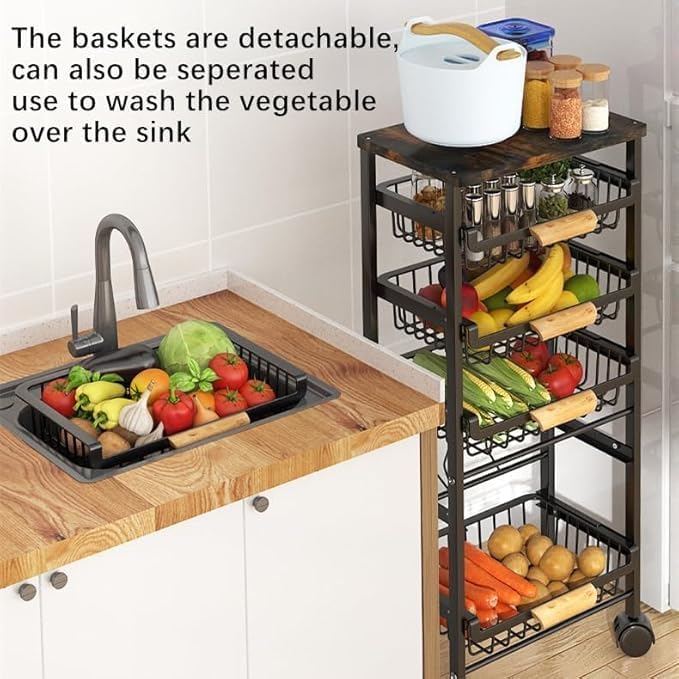 CarolynDesign 5 Tier Metal Wire Basket Cart on Wheels for Kitchen, Stackable Shelf Floor Standing Fruit Vegetable Storage Bins with Pull Out Drawers for Living Room Bedroom and Bathroom