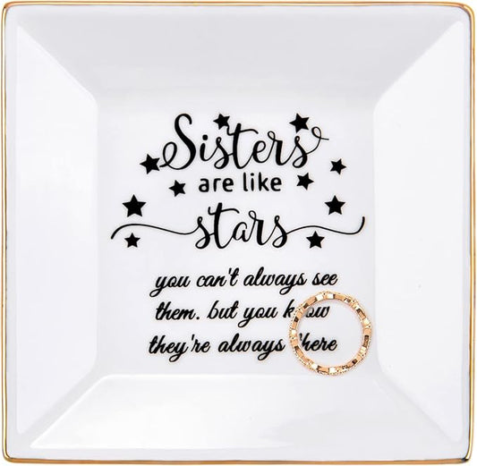 Kaidouma Sister Gifts from Sisters - Birthday Gifts for Sister - Ceramic Ring Dish Jewelry Plate Trinket Tray - Mothers Day Christmas Gifts for Sister, Sister in Law - Sisters are Like Stars Gifts