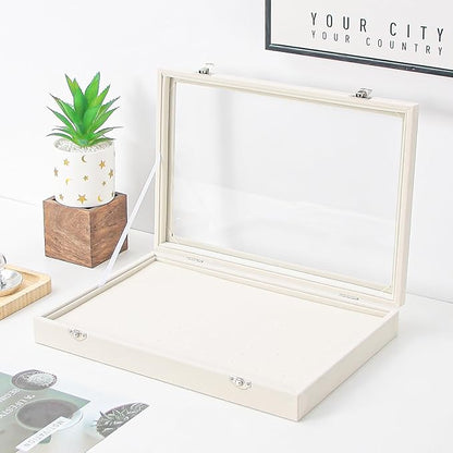 Coward Ring Organizer Jewelry Box, Beige Velvet 100 Slots Ring Display Tray Case with Transparent Glass Lid for Home Use or Store Selling Show