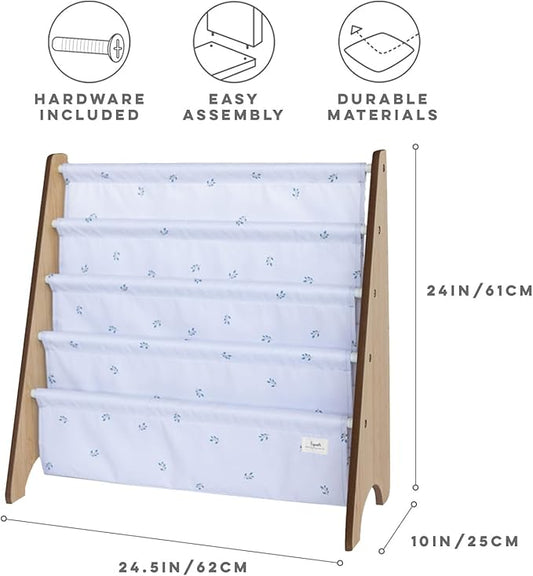 3 Sprouts Recycled Fabric Kids Bookshelf – 4-Tier Sling Book Rack Organizer - Nursery Room Playroom Classroom Wooden Book Shelves - Kid Bookcase Wood Storage Shelf for Toddler Age 3+ - Blueberry Mist